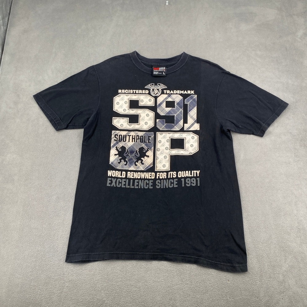 Southpole Mens Graphic T-Shirt Black Large Y2K Streetwear S91 Lion Plaid Tee
